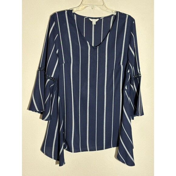 Womens Tunic M Black Gray Stripe 3/4 Bell Sleeves Lace insert V-neck C Est‎ 1946 - Picture 1 of 9